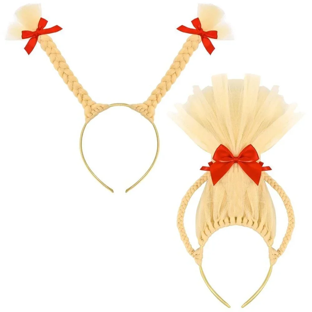 2 Pcs Christmas Headbands Blonde Pigtails with Red Bows for Holiday Party